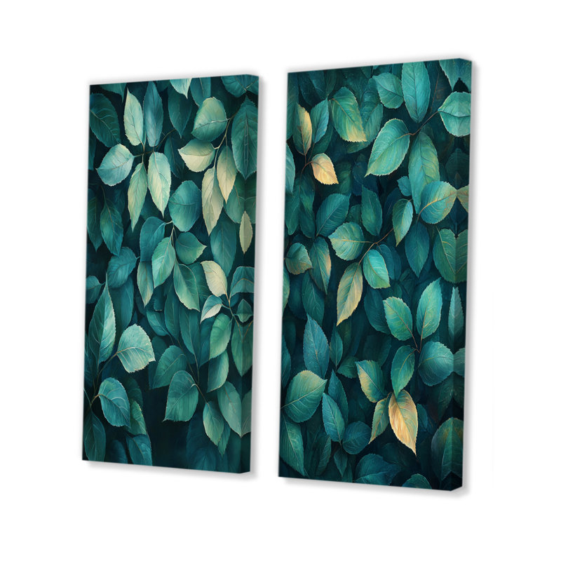 Emerald Green Leaves Lush Layers I - Art mural floral 2 panneaux, H 28 po x l 25 po, Toile tendue