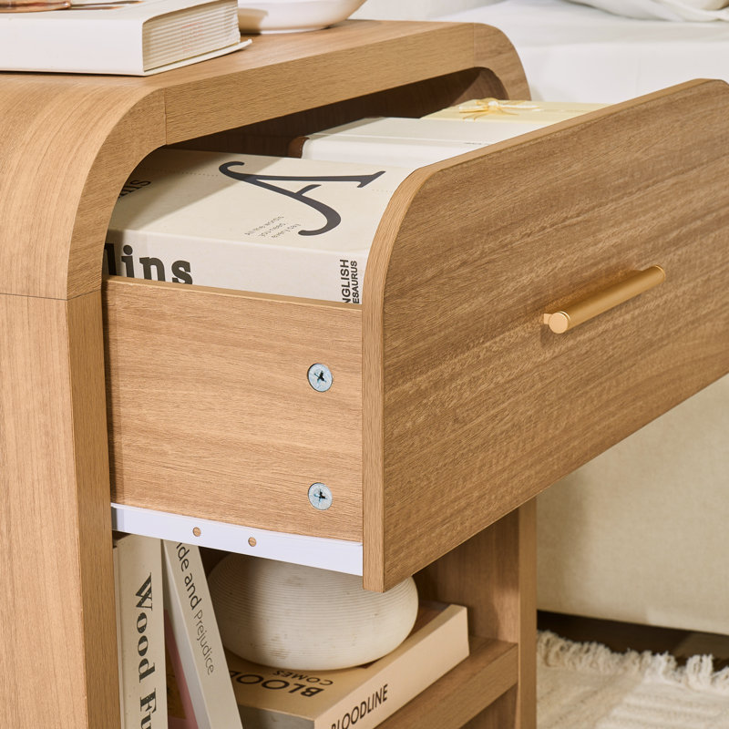 Modern Nightstand Set Of 2 Wooden Bedside Tables With Smooth Rounded Corner Design, Natural