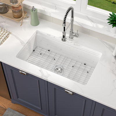 33"Lx19"Wx10"H White Rectangular Undermount Kitchen Sink Workstation Cersamic Single Bowl Sink with Accessories