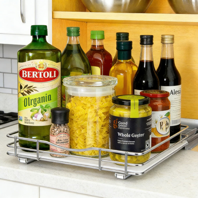 Pull-Out Spice Rack Organizer For Kitchen Cabinets - Heavy-Duty Slide-Out Drawer With  2 Ball Bearing System - Easy Mount Installation