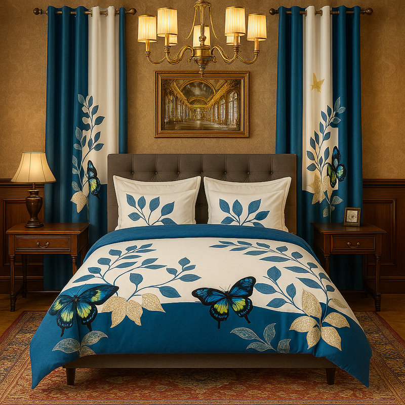 Ensemble de couvre-lit à motif papillon avec rideaux assortis, très grand, bleu