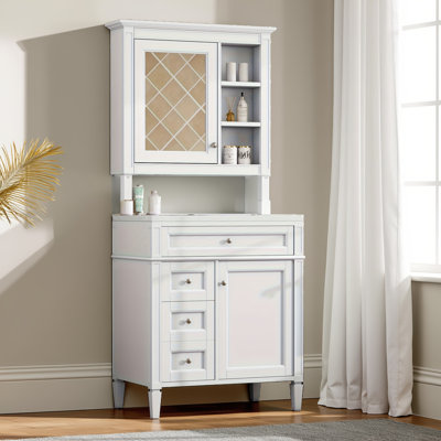 Ensemble de meuble-lavabo autoportant 30 po avec lavabo supérieur et armoire à miroir - armoire de rangement à simple évier (2 tiroirs + 1 tiroir basculant, lavabo à trois trous 32 mm)
