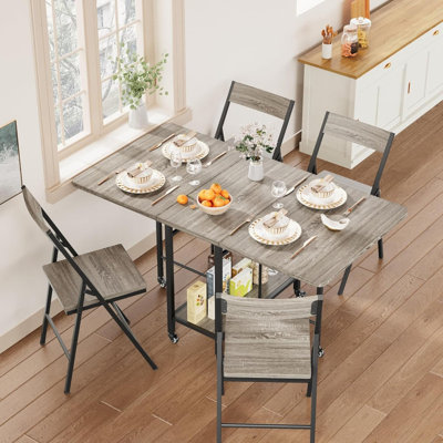 Folding Dining Table Set with 4 Chairs – Drop Leaf Kitchen Table with Storage & Lockable Wheels, Space-Saving Foldable Set for Apartments & Dining Room
