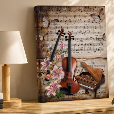 Canvas Create A Whimsical Collage Featuring A Vintage Violin And An Wall Art Elegant Grand Piano Both Artistically Rendered With Canvas Wall Art