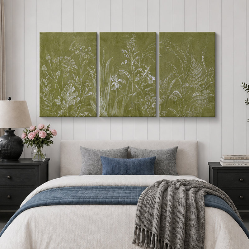 «Green Botanical Silhouette», art de chambre à coucher, impression sur toile encadrée, 3 pièces, H 24 po x l 48 po x P 1,5 po