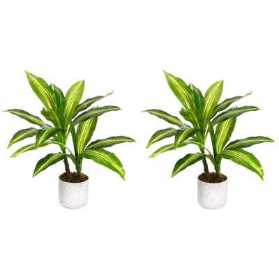 Set of 2 Artificial Fiddle Leaf Fig Plants in White Marble-Look Pots, Faux Potted Greenery for Office, Living Room, Bedroom and Shelf Decor