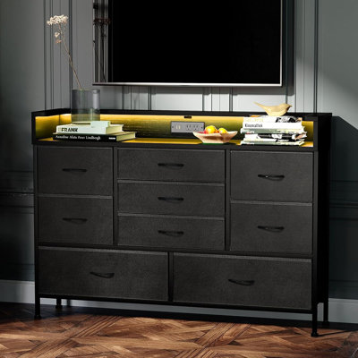 Commode noire pour la chambre à coucher avec 9 tiroirs de rangement et station de charge, commode en tissu pour chambre d'enfant, vestibule, chambre de garçon