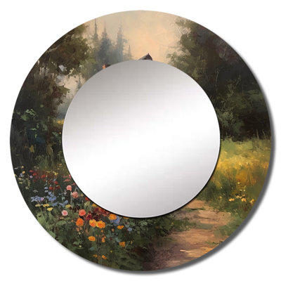 Pacuta Quaint Cottage And Garden Oasis I - Landscape Mirror, Traditional Unique Wall Mirror, Printed Metal Art