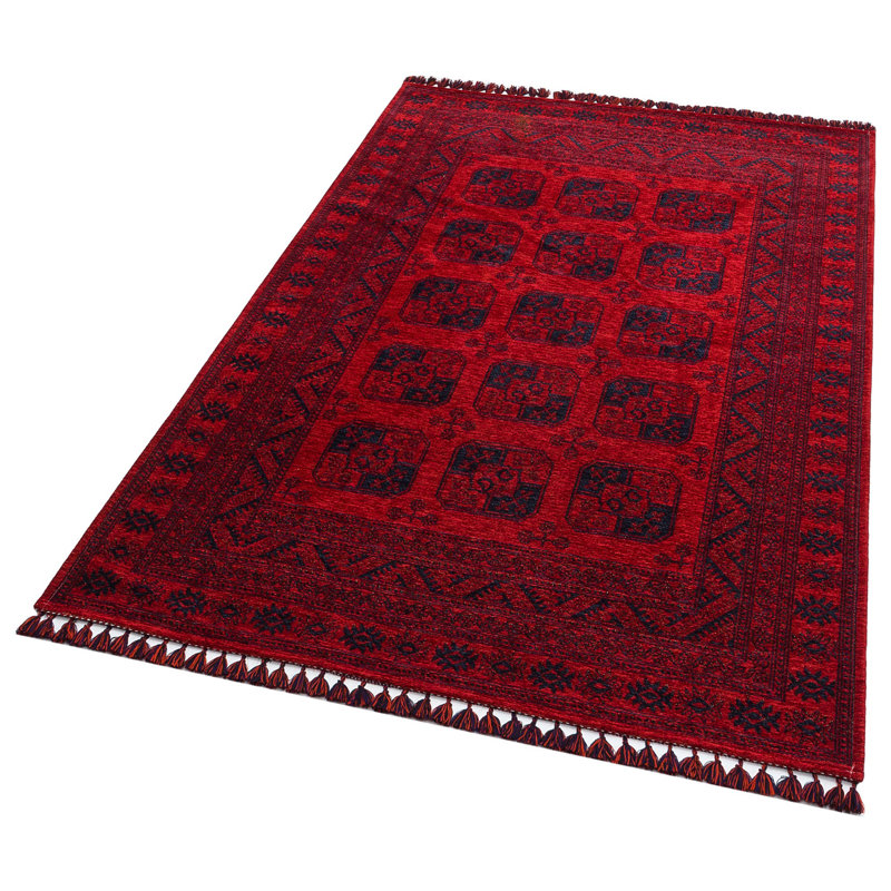 Tapis rectangulaire rouge / noir en polyester tissé à plat à la machine Grazia, Rectangle 2 pi 7 po x 4 pi 11 po