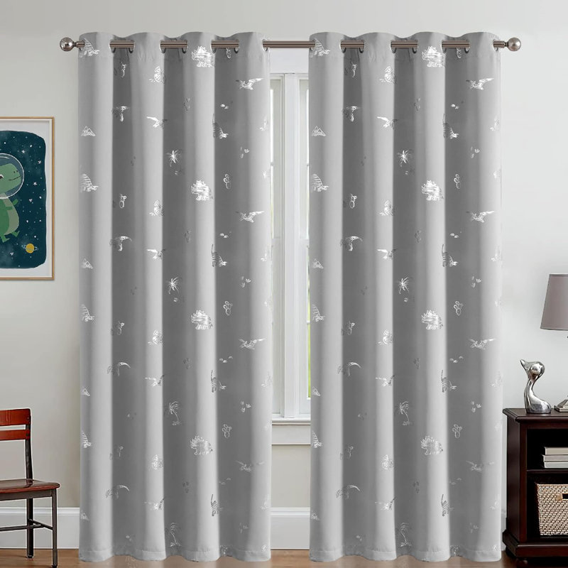 Alcuin Dinosaur Blackout Curtain Pair, Gray, 52" W x 84" L
