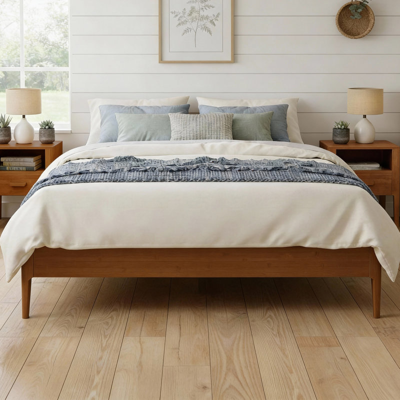 Retro Style Bed Frame, Platform Bed with Central Support Legs, Full, Brown