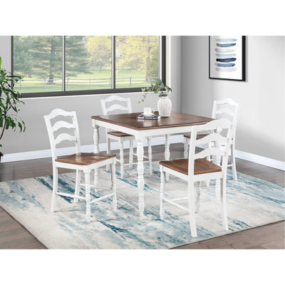 5 tables de salle à manger modernes, table carrée, 4 chaises avec dossier incurvé, finition blanche, table contemporaine en placage de manguier pour personnes, chaises hautes à dossier et combinaison de couleur chêne, aspect grain de bois naturel,