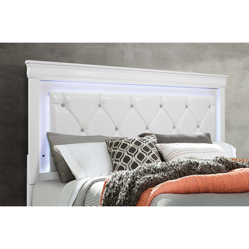 Lit double de style Shaker avec éclairage à DEL intégré, tête de lit capitonnée et capitonnée, Blanc
