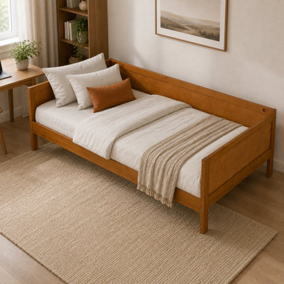 Lit de jour Arelvique en bois, format simple, avec cadre à trois côtés, canapé-lit plateforme en noyer clair, construction en pin, contreplaqué et MDF, 10 lattes de support de matelas, sommier non requis