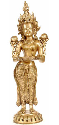 20" Handmade Tibetan Buddhist Tara with Lamp Brass Statue – Authentic Indian Artisan Sculpture, Cross-Legged Compassion Deity, Meditation & Home Altar Décor