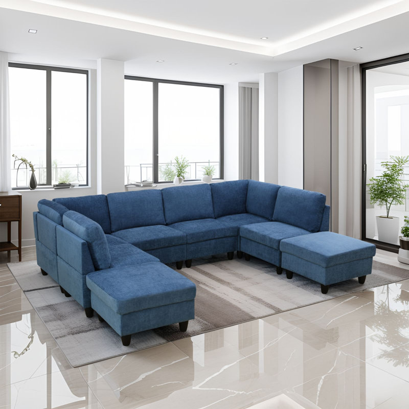Airica Upholstered U-Shaped Sectional Symmetrical, Blue Polyester Blend