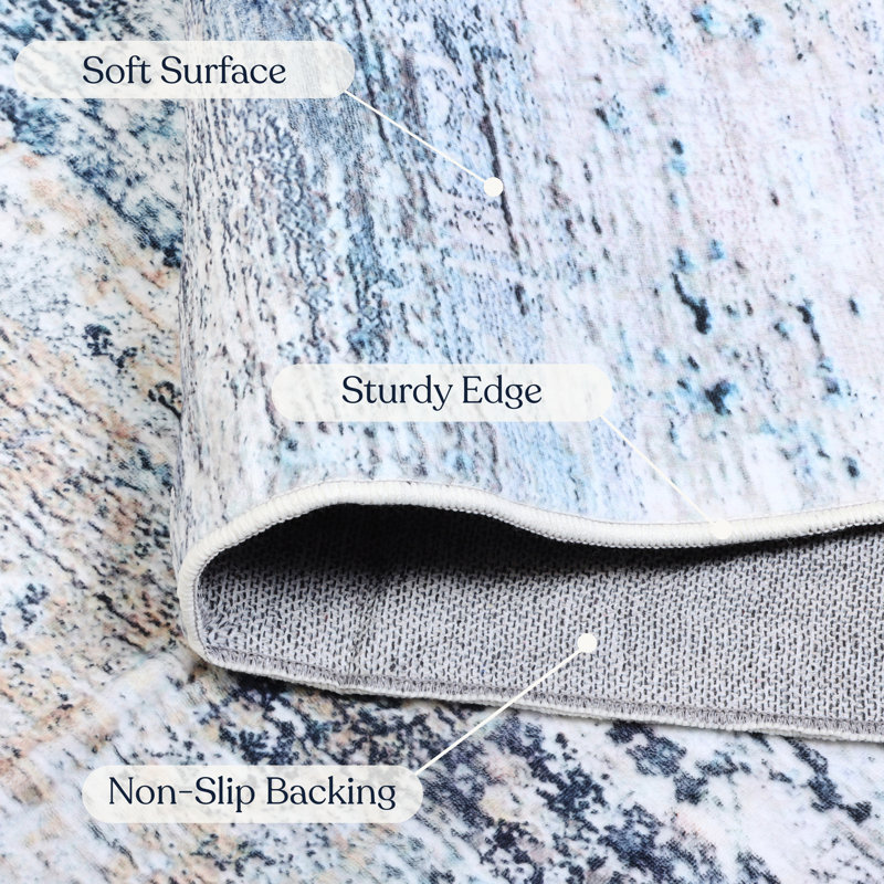 Bungalow Rose Blue/White Abstract Machine Washable Area Rug – Non-Slip, Stain Resistant, GRS Certified, for Bedroom, Living & Dining