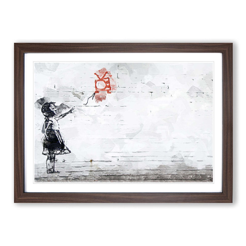 Balloon TV Girl by Banksy - Picture Frame Drawing Print on MDF, 27cm H x 36cm W x 2cm D, Walnut Framed