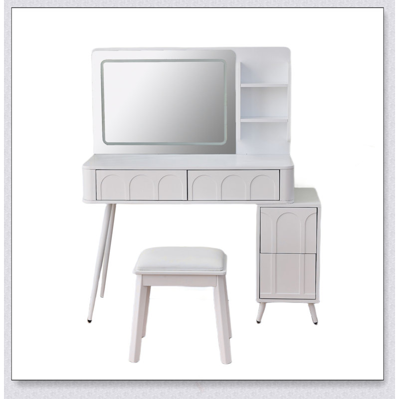 Meuble-lavabo moderne avec lumières DEL et miroir, ensemble de coiffeuse 4 tiroirs avec tabouret, luminosité à intensité variable de 3 couleurs, peu encombrant pour la chambre à coucher