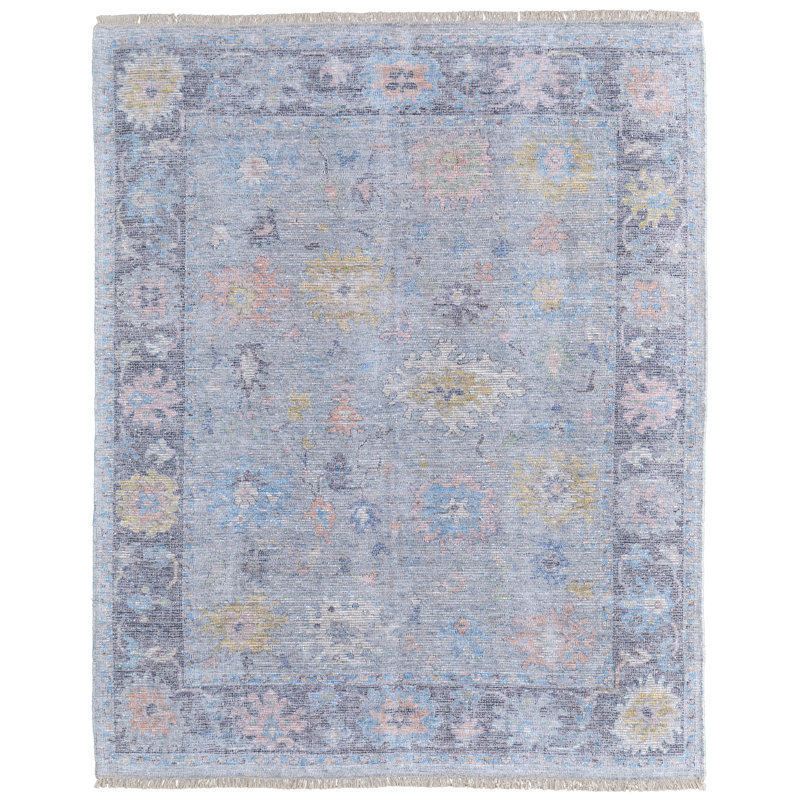 Tapis transitionnel floral / botanique, bleu / jaune / orange Ramey, Rectangle 5 pi x 7 pi 6 po
