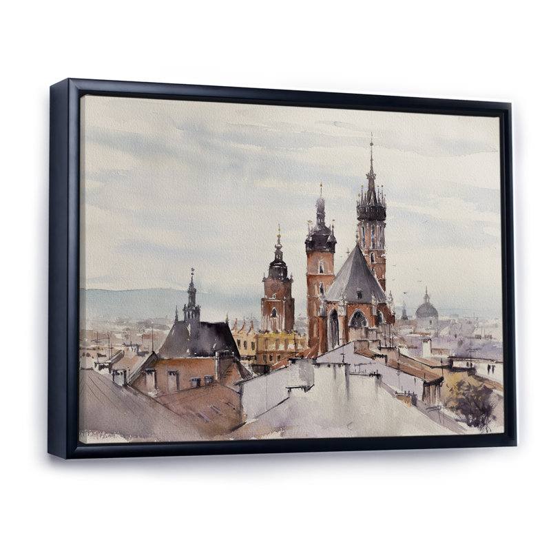 Vieille ville de Cracovie en Pologne - reproduction sur toile flottante, Cadre noir, H 8 po x l 12 po x P 1 po