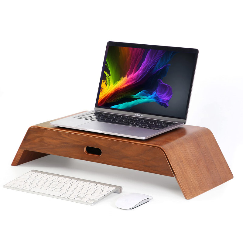 Walnut Wood Monitor Stand with Drawer and Buffer Rail