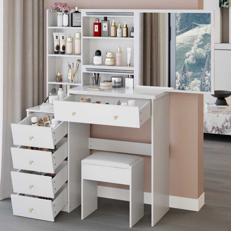 Table de coiffeuse 37 "avec miroir et rangement pour grand espace, Blanc