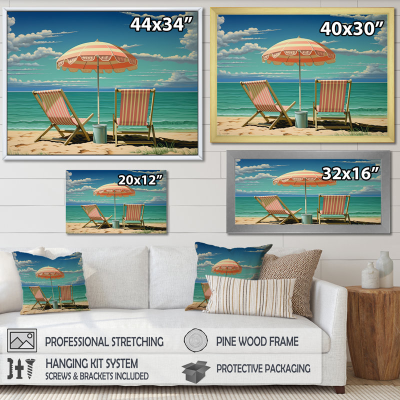 Rehobeth " Retro Beach Chairs Under A Clear Blue Sky ", Black Floater Framed, 30" H x 40" W x 1.5" D