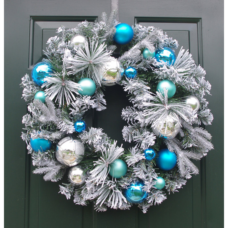 Couronne de Noël en chlorure de polyvinyle, H 24 po x l 24 po x P 5 po, Bleu / bleu sarcelle / argent