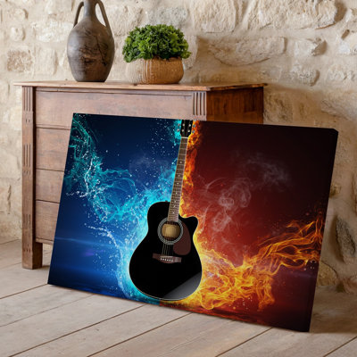 Canvas A Striking Acoustic Guitar Stands Vertically At The Center Of Wall Art The Composition Its Glossy Black Finish Reflecting Light Canvas Wall Art