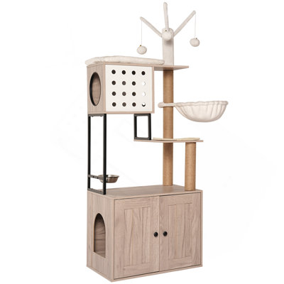 Cat Tree With Litter Box Enclosure - Modern Cat Condo With Scratching Posts, Feeding Bowl & Removable Pompom Sticks, Gray