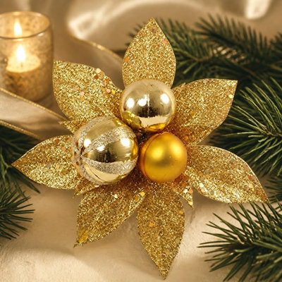 Décorations de Noël artificielles en forme de poinsettia doré de 18 cm avec boules décoratives