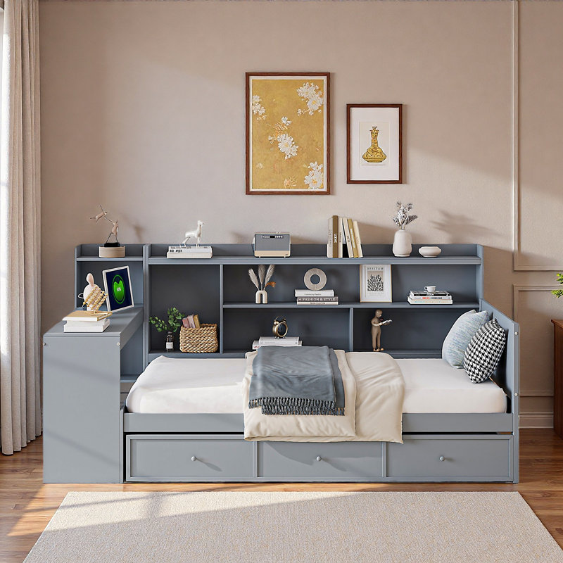 Wooden Daybed With 3 Drawers, Usb Ports And Desk, Gray, Twin