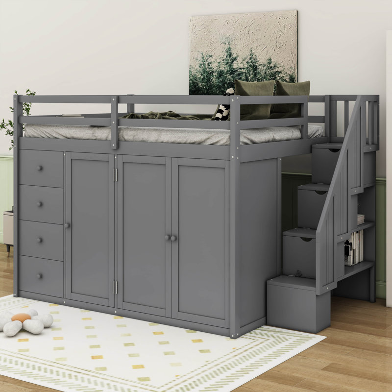 Jearl Full Size Wood Loft Bed With Built-in Wardrobes, Cabinets and Drawers, Gray