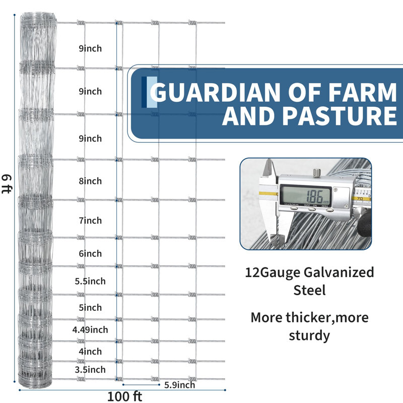 Clôture en fil de fer galvanisé 6 pi x 100 pi, clôture robuste pour bovins et caprins, rouleau de clôture pour ferme de cerfs