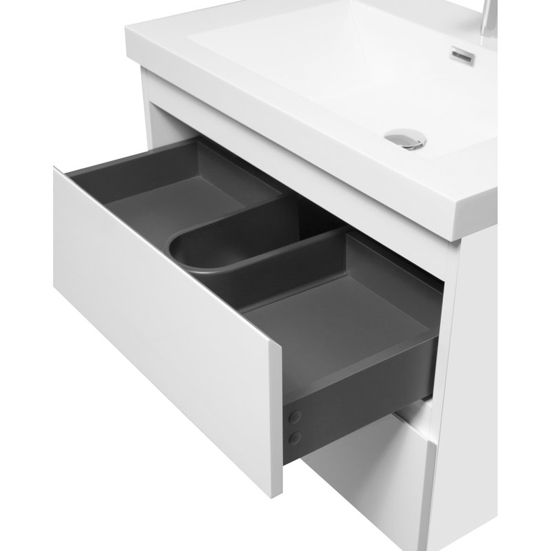 30" Bathroom Vanity With Sink, Wall Mounted. Resin Top Basin, Soft Close Drawers. Glossy White 24V11-30Gw. Elegant Element Countertop Practical Storage