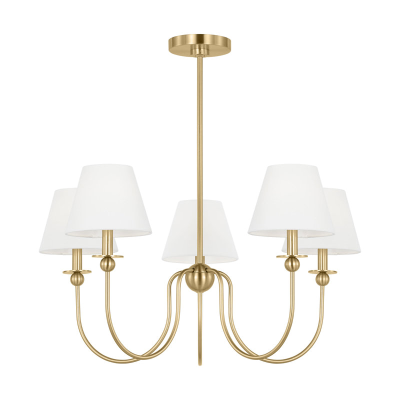 Elsay Dining Room Chandelier With White Linen Shade, 5 Lights, Satin Brass, 19.75" H x 25" W x 25" D
