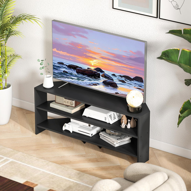 Corner TV Stand For 47 Inch Television,  TV Unit With 2 Open Shelves For Living Room, Bedroom, Rustic , Black