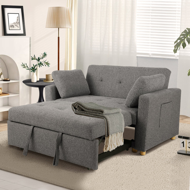 Shortridge 48.5"W 3-In-1 Convertible Linen Sleeper Sofa Bed Pull Out Couch Adjustable Backrest And Pillows, Dark Grey
