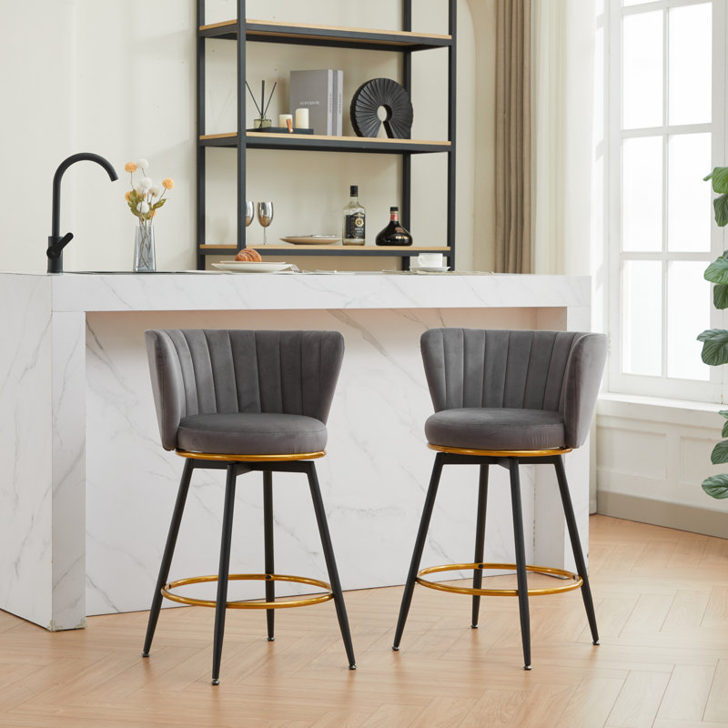 Counter Height Bar Stools Set Of 2, 360° Swivel Upholstered With Backs, Metal Legs, And Goldy Footrest For Comfort And Style