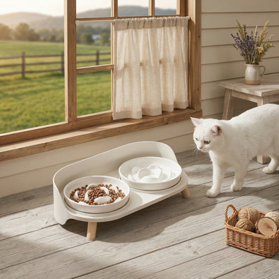 Raised Pet Feeder Stand, Elevated Dining Table for Small/Medium Dogs & Cats, Fits Bowls up to 6", Milky White, Bowls Not Included