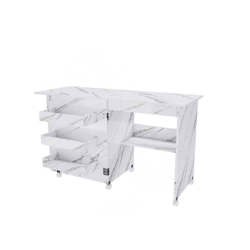 Table de couture pliante 4-en-1 avec roues verrouillables - Poste de travail multifonctionnel, table de bout, bureau d'ordinateur et rangement de cuisine avec tablettes, table de machine à coudre roulante blanche pour appartements