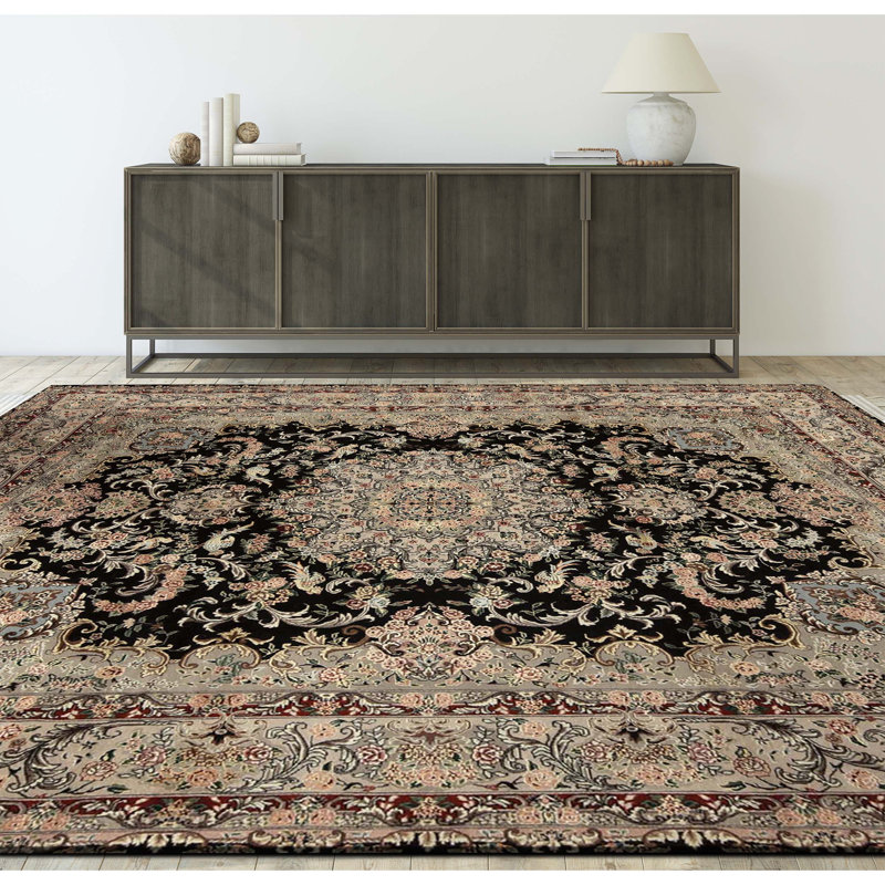 Hand Knotted Wool Oriental Area Rug in Black And Beige