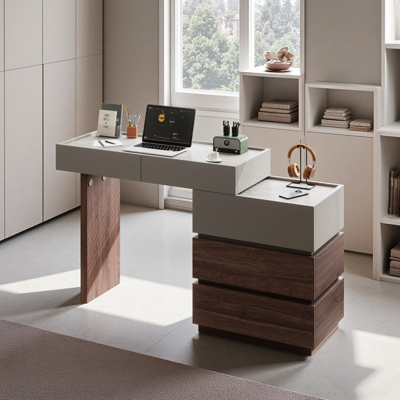Bureau de coiffeuse moderne à deux tons avec 5 tiroirs de différentes tailles, commode à poignées cachées