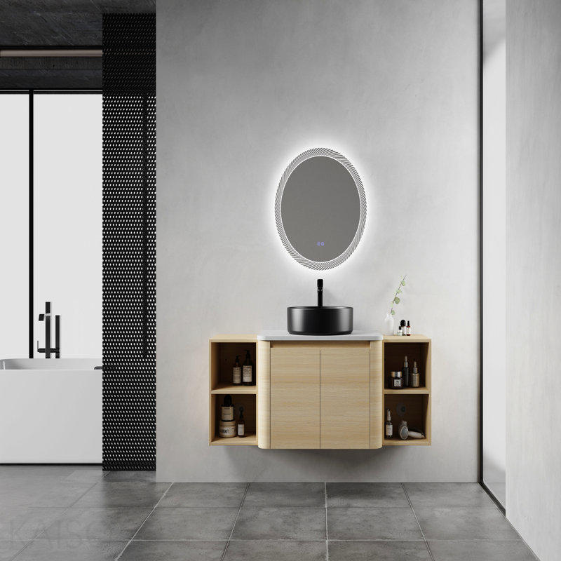 Meuble-lavabo mural 54 po avec lavabo d'art en céramique et 2 tablettes de rangement, 2 portes à fermeture en douceur, emballage Kd, contreplaqué