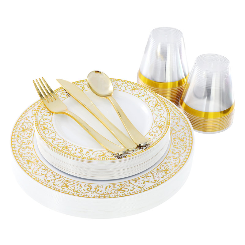 Ensemble 150 pièces de vaisselle en plastique jetable pour 25 invités en blanc avec bordure décorative