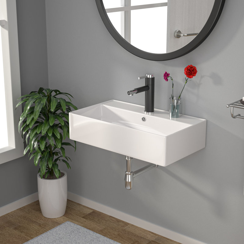 21' L x 12' W Ceramic Wall Mount Bathroom Sink, White Rectangular Bathroom Sink with Overflow, 5" H x 21" L x 12" W 