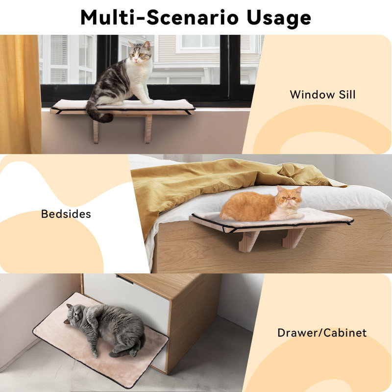 Large Natural Wood Cat Window Perch with Fleece Mat