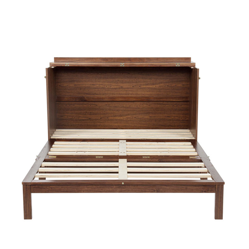Grand lit escamotable, armoire-lit en bois de pin avec centrale électrique et panneau de décoration en rotin, Noyer