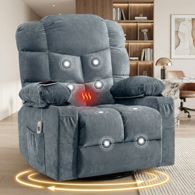 Oversized 360° Swivel Rocker Recliner with Heated Massage, USB Port and Cup Holders